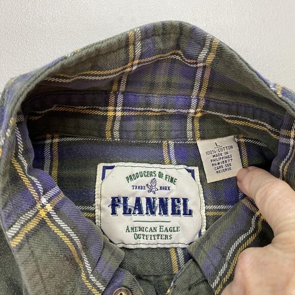 Vtg American Eagle Flannel Shirt Mens Large Green Plaid Pocket Button Fader Y2K - Picture 7 of 9